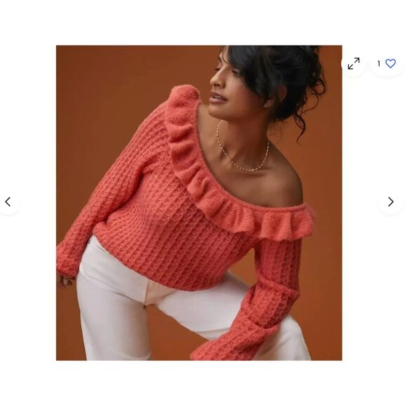 Anthropologie Sweater Womens Medium Ruffle Neck Waffle Knit Cropped Wool Blend - Picture 1 of 8